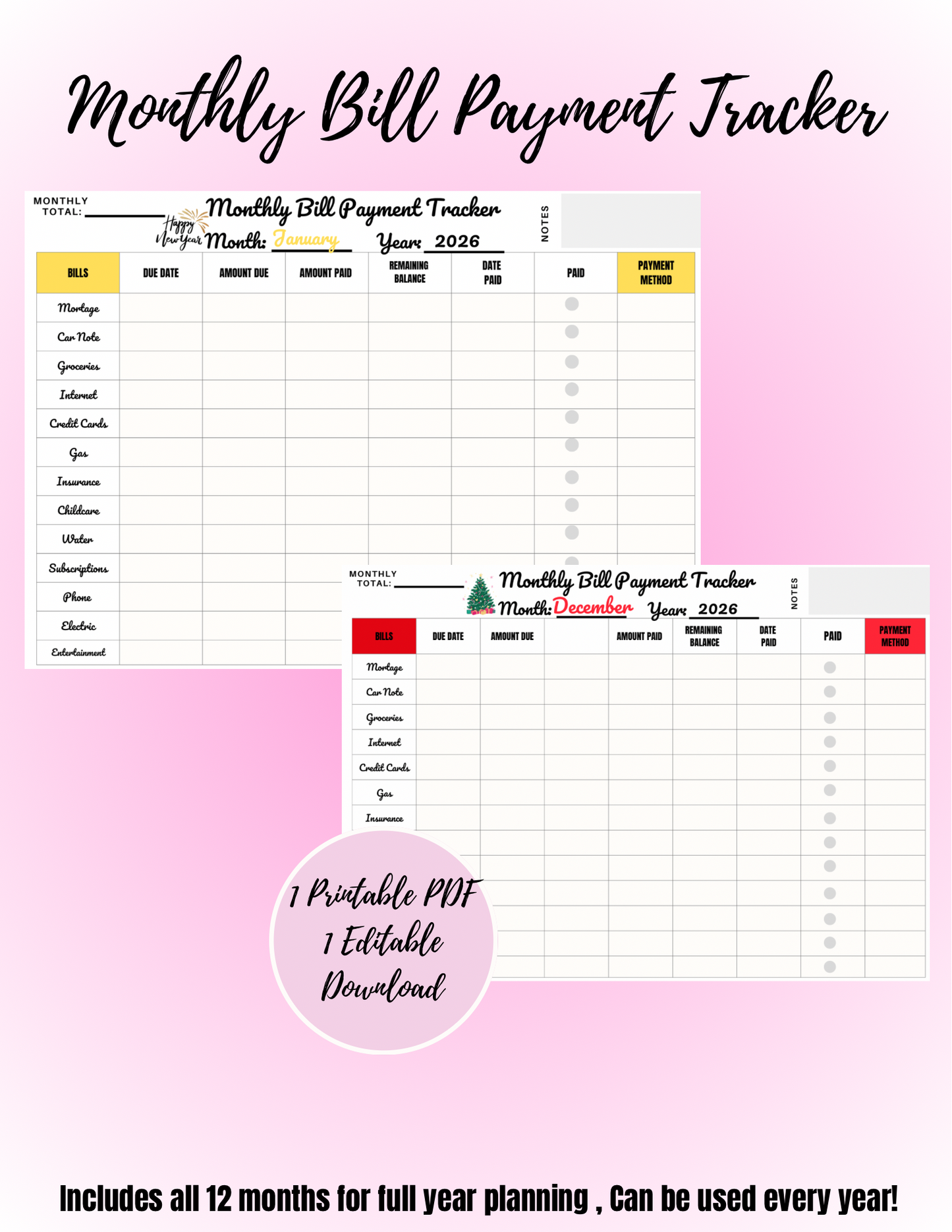 Monthly Bill Tracker Planner